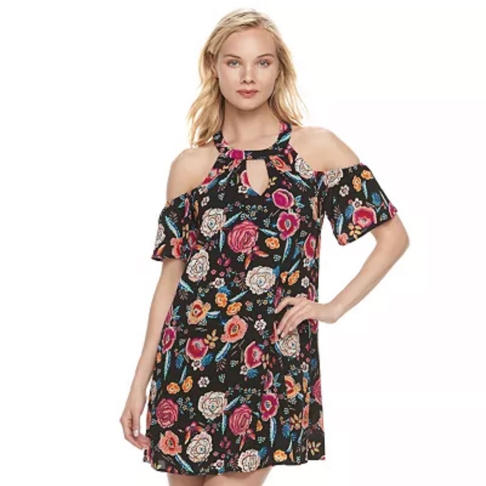 Lily Rose | Cold-Shoulder Shift Mini Dress “Black Fuchsia” Floral Print XS NWT!